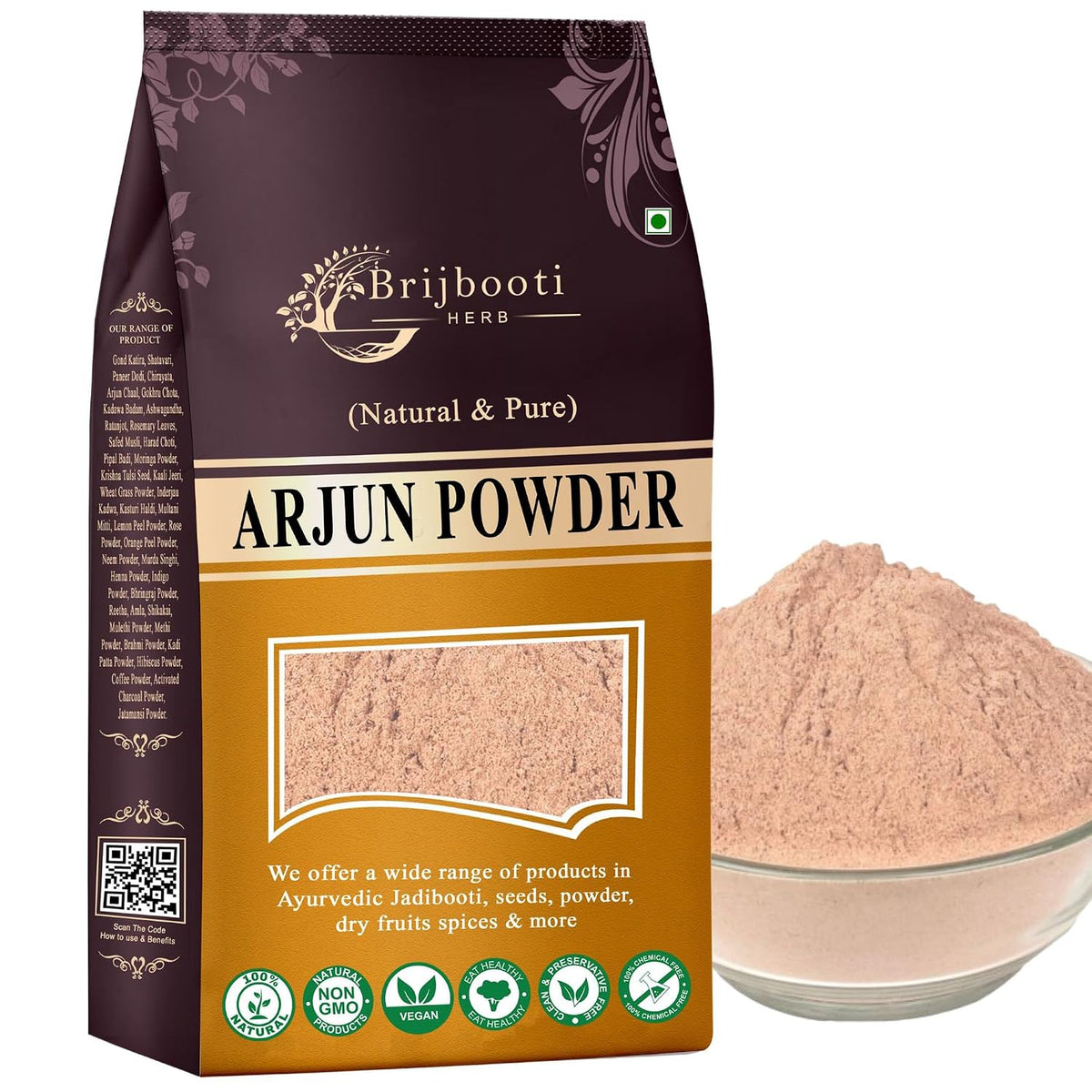 Brijbooti Arjun Ki Chaal Powder 500 Gr - Arjun Chal Tea - Organic Terminalia Arjuna Powder - Support Heart Health | FSSAI, GMP, ISO Certified