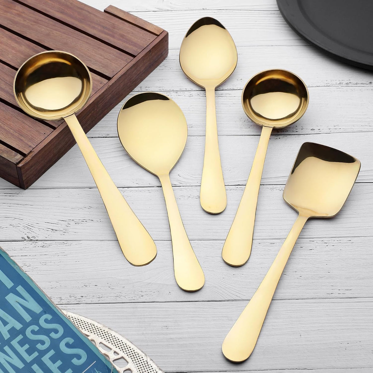 Parage 5 Pieces Stainless Steel Serving Spoons Set of 5 for Dining Table/Kitchen, 1.8 mm Heavy Gauge (2 Soup Ladle/Karchi, 1 Deep Turner, 1 Solid Spoon (Chamcha), 1 Rice Spoon) (Steel Gold, Pack of 5)