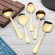 Parage 5 Pieces Stainless Steel Serving Spoons Set of 5 for Dining Table/Kitchen, 1.8 mm Heavy Gauge (2 Soup Ladle/Karchi, 1 Deep Turner, 1 Solid Spoon (Chamcha), 1 Rice Spoon) (Steel Gold, Pack of 5)
