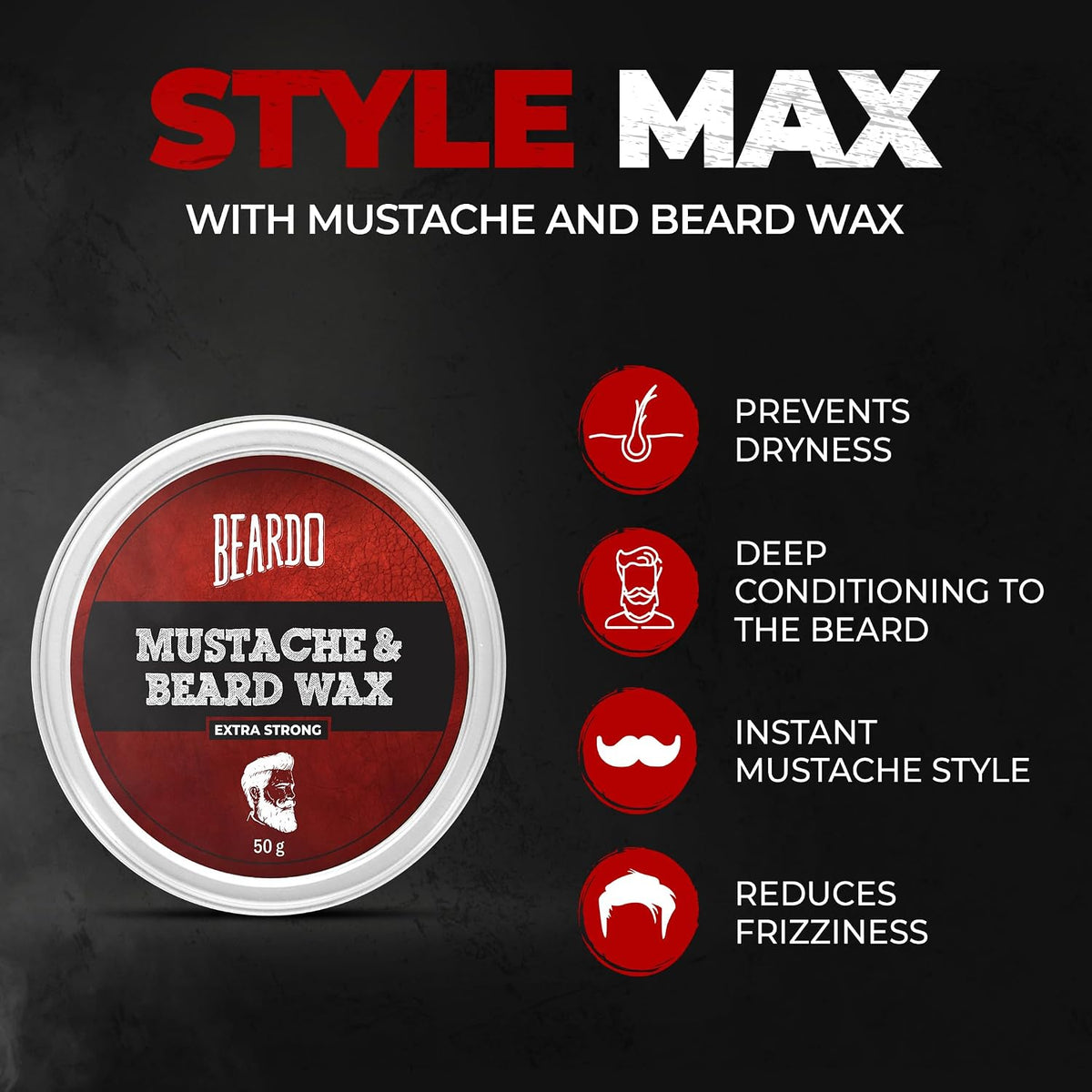 Beardo Beard and Mustache Wax, 50 gm | Beard Wax for Beard & Mustache Styling | Long Lasting Extra Strong Hold Wax for Men | Beard Hair Wax for Smooth, Shiny & Healthy Beard