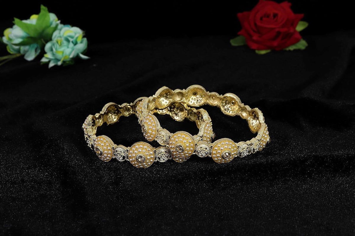 NMII Traditional Alloy Metal with White Pearls Moti Bangles For Women & Girls | Moti Kada Bangles Stylish | Rajwadi Kada Set For Wedding, Party, Occasion Wear- Set of 2 Kada