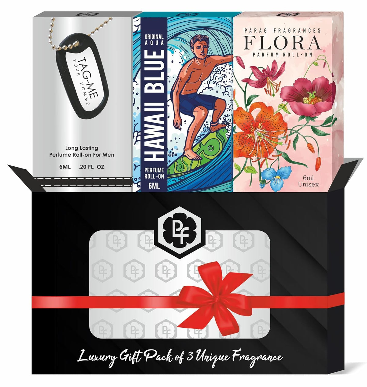 Parag Fragrances Trio Attar Perfume Roll-on Gift Set 6ml x 3pc of (Tag Me/Hawaii Blue/Flora)