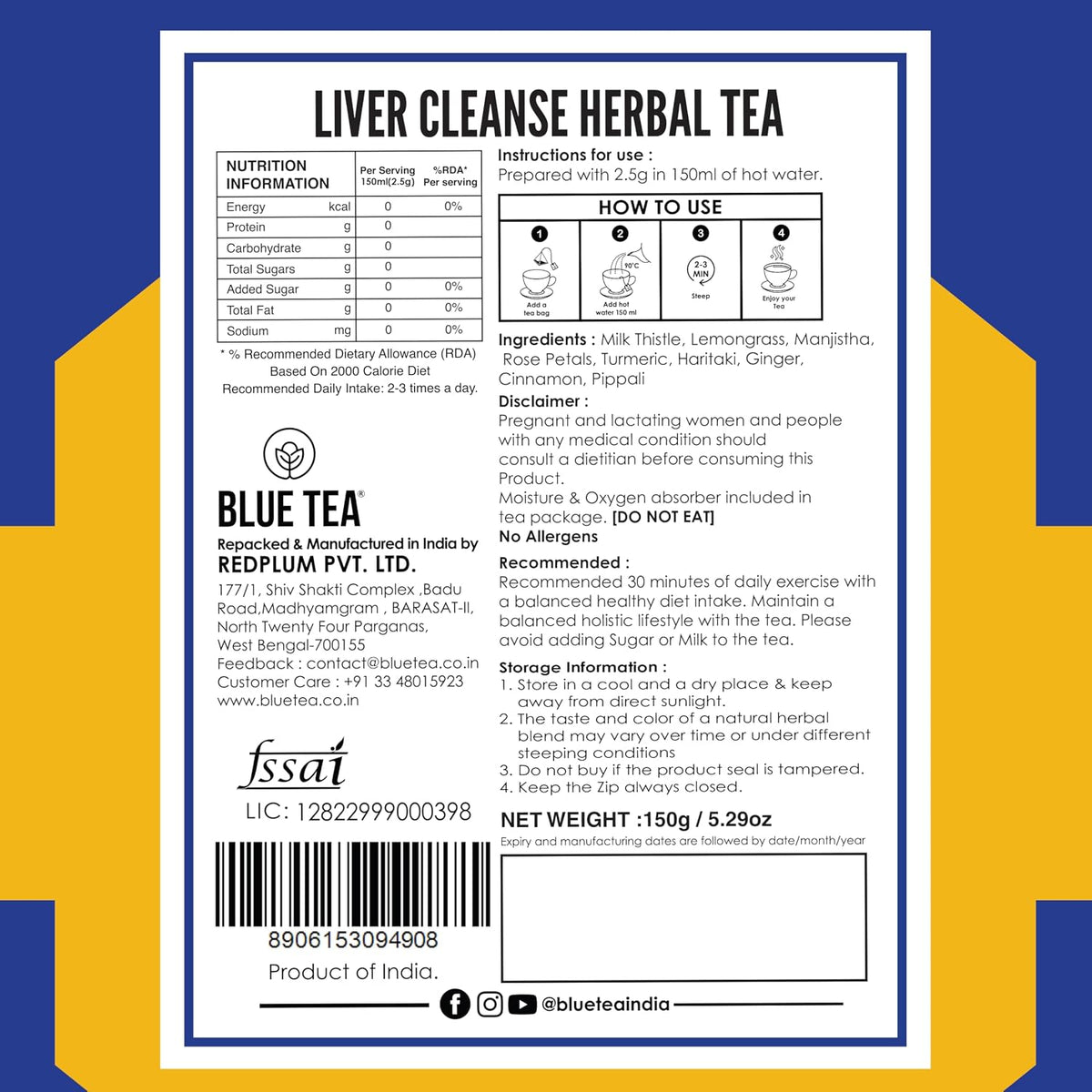 BLUE TEA - Liver Cleanse Tea - 60 Tea Bags - Plant Based | Helps with Fatty Liver Detox | Improves Liver Health | Milk Thistle, Manjistha, Haritaki, Pippali | Caffeine Free - Herbal Tea | Ziplock Pack