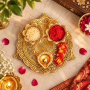 KridayKraft Metal Pooja Thali with Diya for Pooja Home/Temple/Mandir,Decorative Showpiece Pooja Thali Set for Diwali Poojan Wedding Gift Article