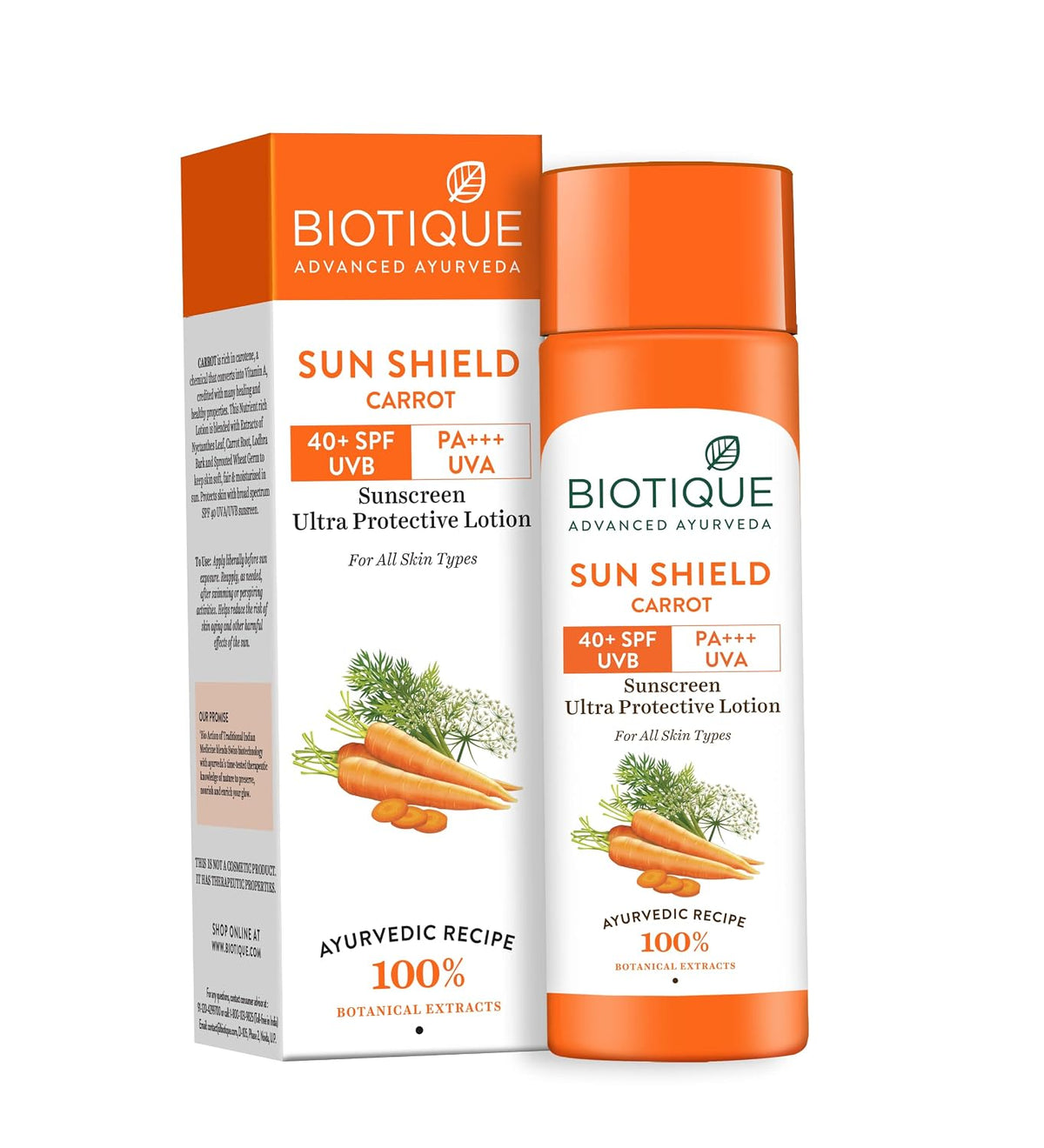 Biotique Bio Carrot Face And Body Sun Lotion All Skin Type SPF 40 Uva/Uvb, 120Ml, 1 Count