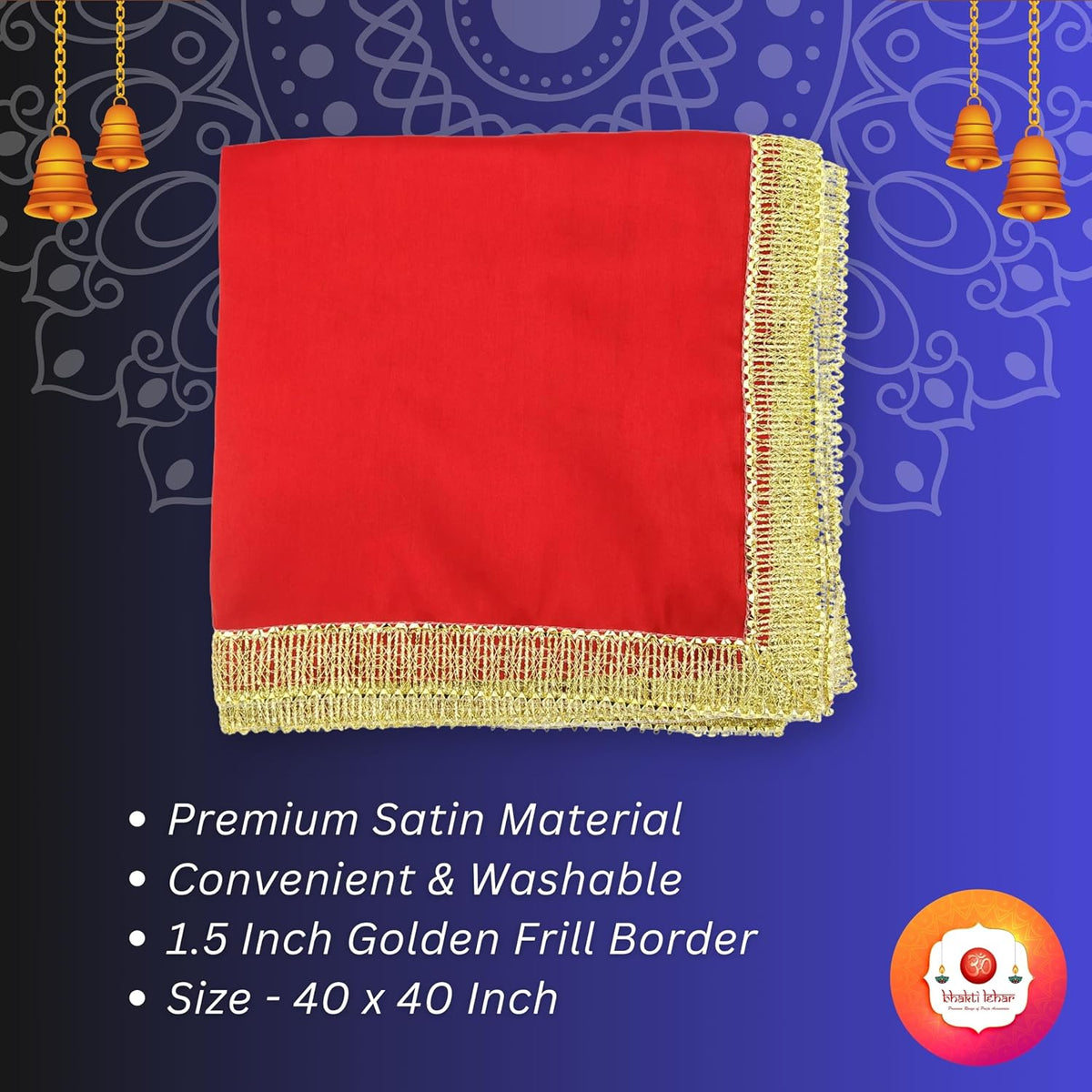 Bhakti Lehar Satin Altar Cloth (Size: 1 METER) | Diwali Pooja Sartin Cloth Mat for Puja Table, God Chowki Aasan, Temple, Mandir and Multipurpose Use (Red)