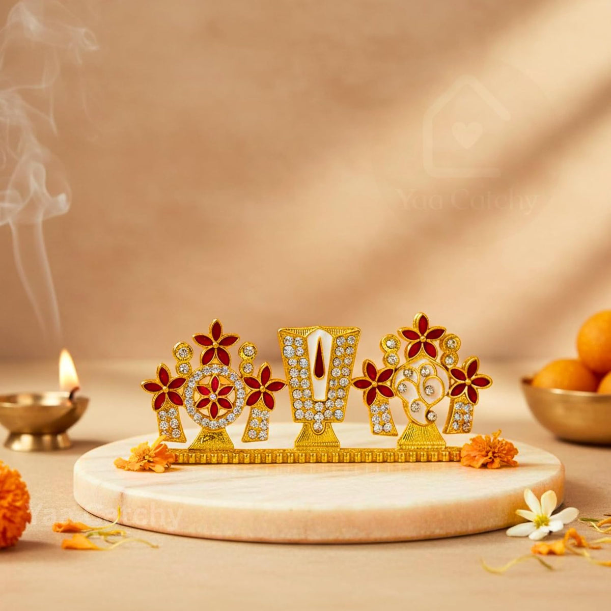 YaaNatural Yaa Catchy Lord Balaji Double-Sided Idol for Car Dashboard & Home Decor Gold Finish Venkateswara Face Statue | Spiritual Gift, Pooja & Office Idol (Double Side Shanku Chakra Namam)
