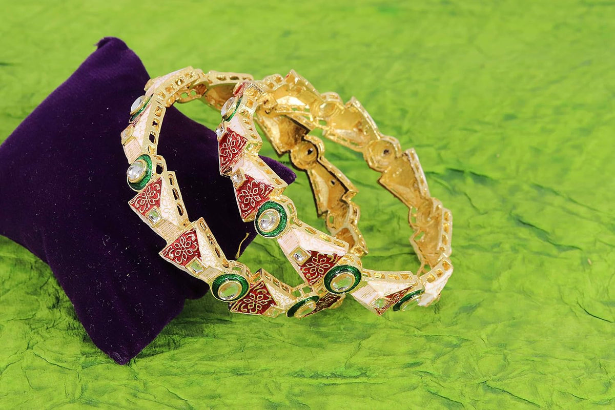 NMII Traditional Gold Plated Metal Meenakari Bangles Kada Set For Women & Girls with Kundan Stone | Women's Bangles | Premium Kada Set For Wedding, Party, Ocassion Fashion Jewellery- Set of 2