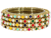 NMII Glass Golden Zircon Gemstone & Colorful Beads Studded Bangles Kada Set For Women & Girls | Traditional Stylish Kangan | Bangles For Women Glass | Wedding, Party, Occasion Wear Bangle- Set of 4
