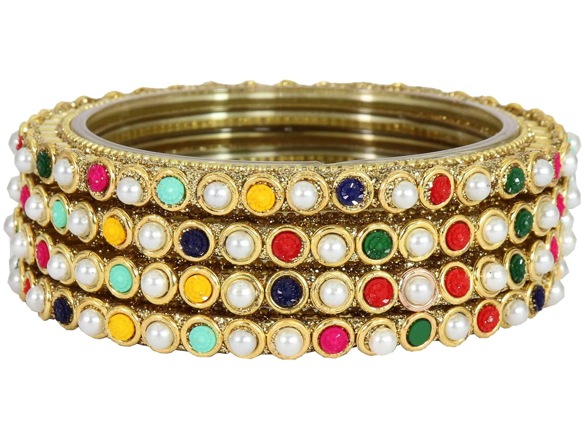 NMII Glass Golden Zircon Gemstone & Colorful Beads Studded Bangles Kada Set For Women & Girls | Traditional Stylish Kangan | Bangles For Women Glass | Wedding, Party, Occasion Wear Bangle- Set of 4