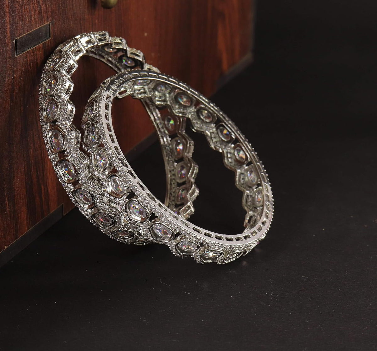NMII Alloy Metal American Diamond Bangles Bracelet Jewellery Set For Women & Girls | Oval Shaped Cubic Zirconia Bangle | Premium Bridal Kada For Wedding, Party, Spaecial Occasion- Set of 2 Bangles