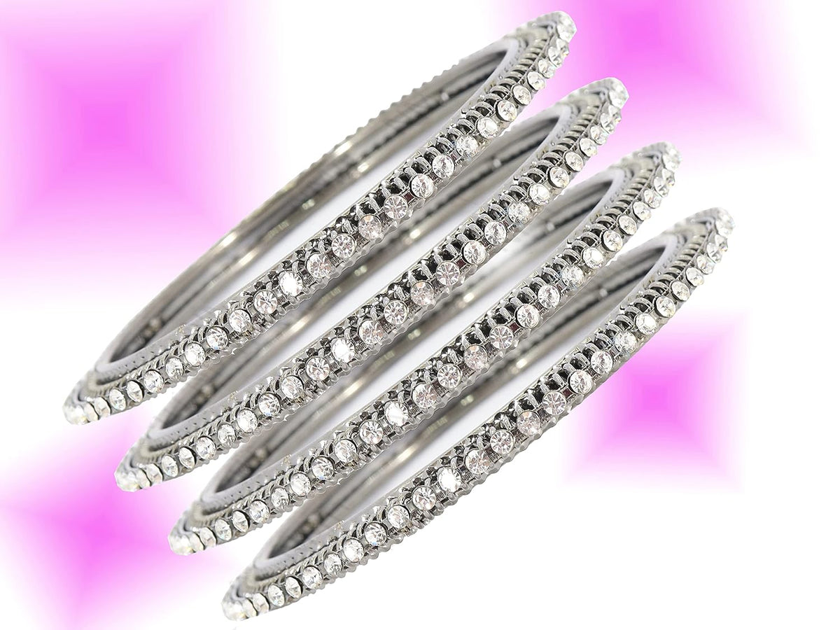 NMII Non-Precious Metal Base Metal and Curved Shaped Studded with Zircon Gemstone Glossy Finished Bangle/Kada Set For Women and Girls