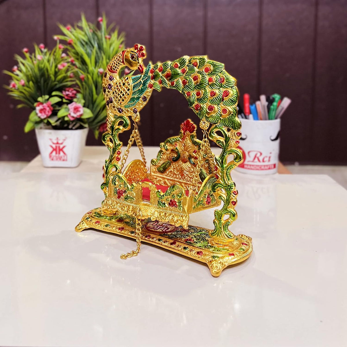 KridayKraft Metal Laddu Gopal Jhulla Palana for Janmastmi Festive Gold Plated with Meenakri Work for Your Home, Temple Office,Gift Article.