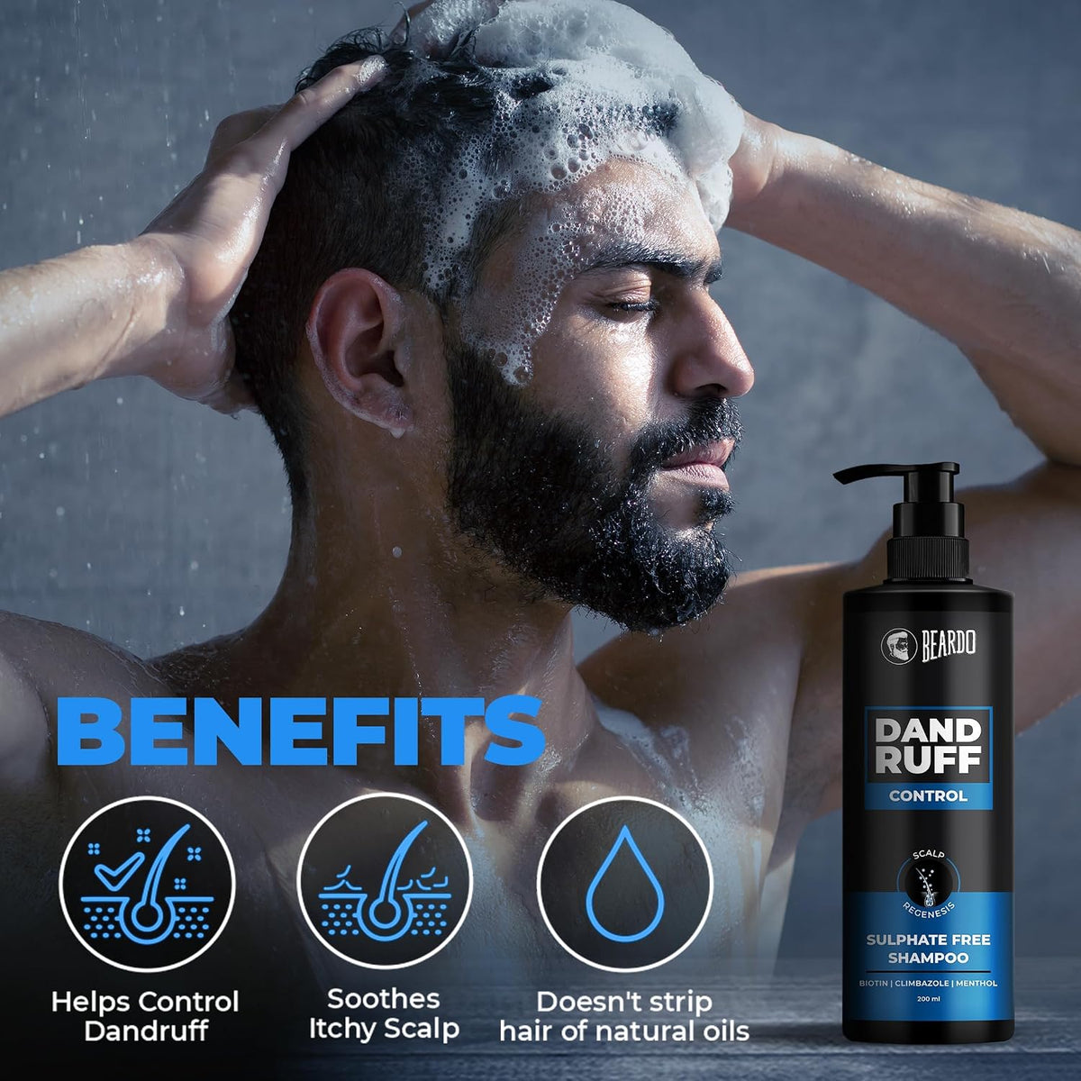 Beardo Dandruff Control Sulphate Free Shampoo for men 200 ml | Anti Dandruff | Sulphate and Paraben Free | Climbazole, Menthol & Biotin for Dandruff Control & Itchy Scalp