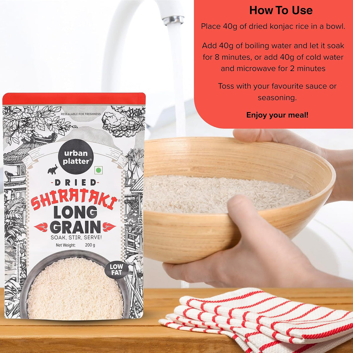 Urban Platter Dried Shirataki Rice, 200g (Konjac-Based Rice Alternative | Quick Preparation | For Fried Rice, Pulao & Rice Bowls)