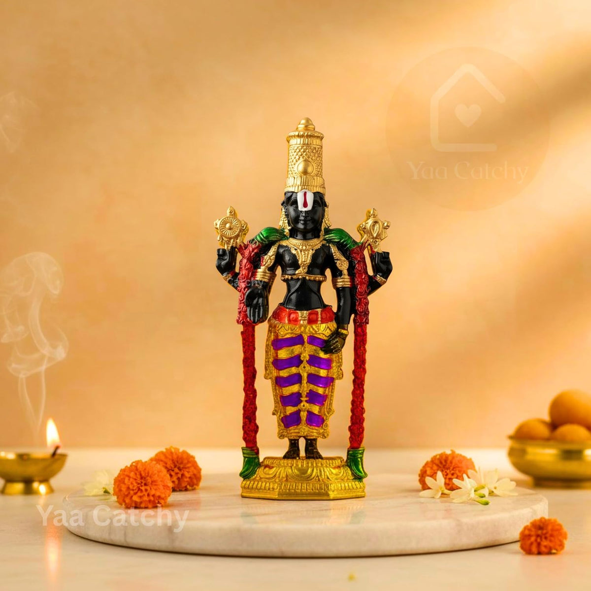 YaaNatural Yaa Catchy Lord Balaji Double-Sided Idol for Car Dashboard & Home Decor Gold Finish Venkateswara Face Statue | Spiritual Gift, Pooja & Office Idol (Thirupathi Colour Balaji)