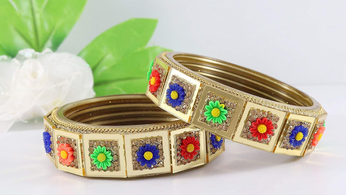 NMII Glass with Zircon Gemstone and Spread with Glitter Pattern Or Flower Shaped Glossy Finished Kada Set For Women and Girls