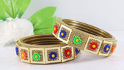 NMII Glass with Zircon Gemstone and Spread with Glitter Pattern Or Flower Shaped Glossy Finished Kada Set For Women and Girls