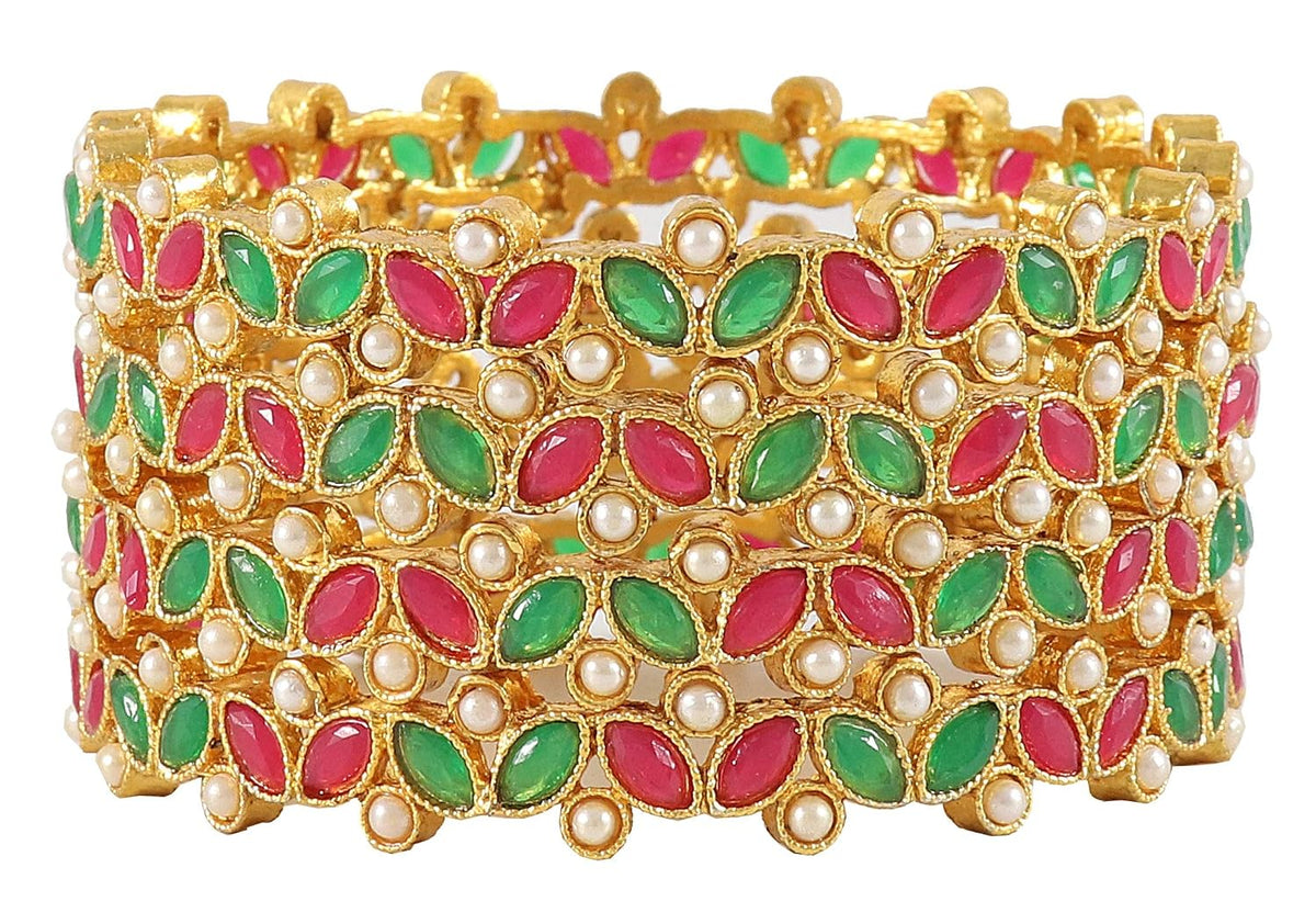 NMII Metal With Kundan and Beads Studded Flower Look Kada Set For Women and Girls