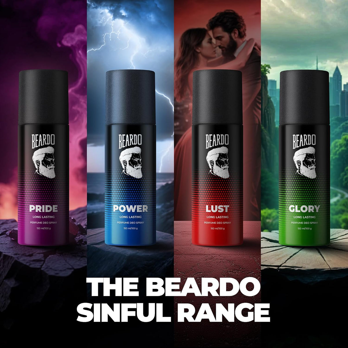 Beardo Power, Lust & Glory Perfume Body Spray (Set of 3) Get compliments with Long lasting Fougere, Aromatic Deodorant Brand | Christmas gift for men | Gift For Friends | Gift for Men