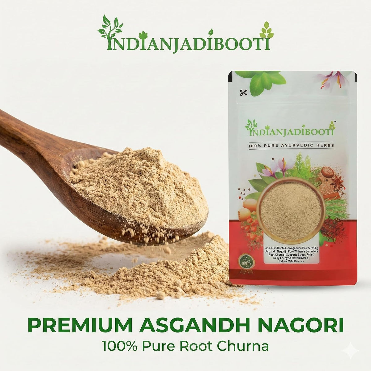 IndianJadiBooti Ashwagandha Powder 250g (Asgandh Nagori) | Pure Withania Somnifera Root Churna | Supports Stress Relief, Daily Energy & Restful Sleep | Natural Vata Balance