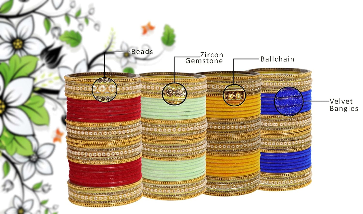 NMII Multicolour Glass with Zircon Stone, Pearls and Golden Ballchain Studded Fancy Velvet Bangles Set For Women's and Girls | Stylish Glass Bangles Set- Pack of 128 Bangles