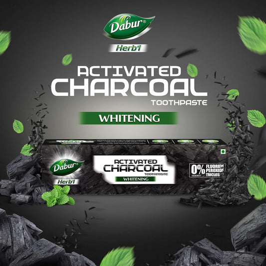 DABUR Herb'L Activated Charcoal Toothpaste 240G (120G x2, Pack of 2)|Whitening Black Gel Toothpaste|Fluoride Free|Fights Plaque & Extrinsic Stains|With Power of Mint|Cool & Refreshing Mouth Experience