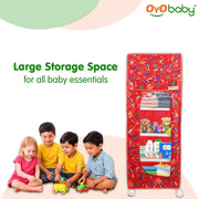 OYO BABY Kids Wardrobe for Storage 5 Shelves | Heavy Duty Plastic Almirah for Baby Clothes, Toys & Books Rack | Compact Storage Organizer for Nursery/Bedroom [Printed - Red]