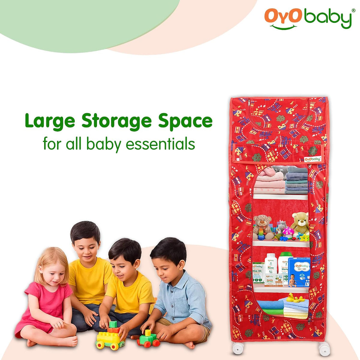 OYO BABY Kids Wardrobe for Storage 5 Shelves | Heavy Duty Plastic Almirah for Baby Clothes, Toys & Books Rack | Compact Storage Organizer for Nursery/Bedroom [Printed - Red]