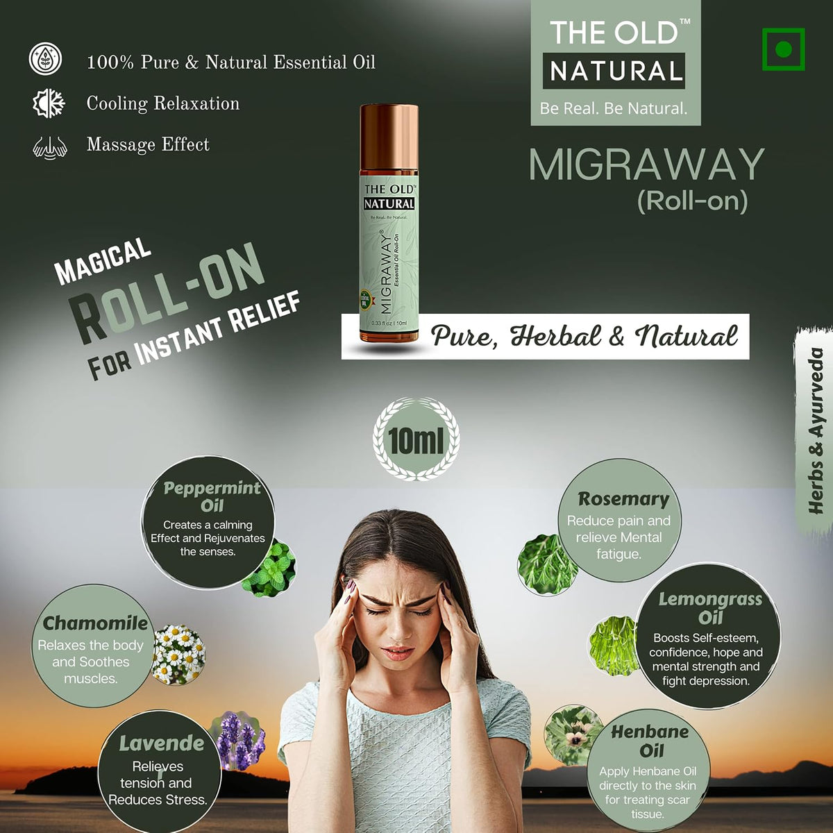 The Old Natural Migraway Roll On | Essential Oil Blend for Head Comfort, Relaxation & Stress Relief | Lavender, Rosemary, Chamomile, Brahmi & Lemongrass Oils | Travel Friendly Aromatherapy Roll On | 10ml