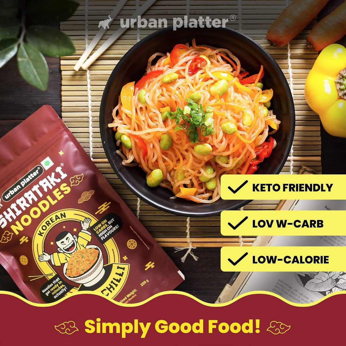 urban platter Korean BBQ Chilli Shirataki Noodles, 282gm (Konjac Noodle | Keto-friendly, Low-Carb, Fat-free | Spicy BBQ Chilli Flavour | Ready in Minutes), Large