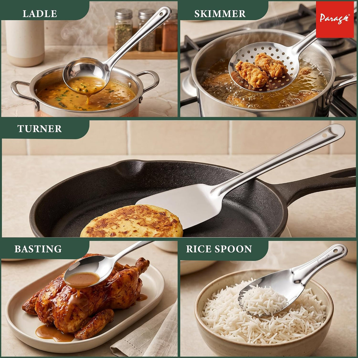 Parage Stainless Steel 10 Pieces Cooking Spoons Set, Contains Ladle, Turner, Strainer, Rice Spoon, Oval Spoon, Serving Spoon, Kitchen Cooking Essential Set for Home, 10 Pcs