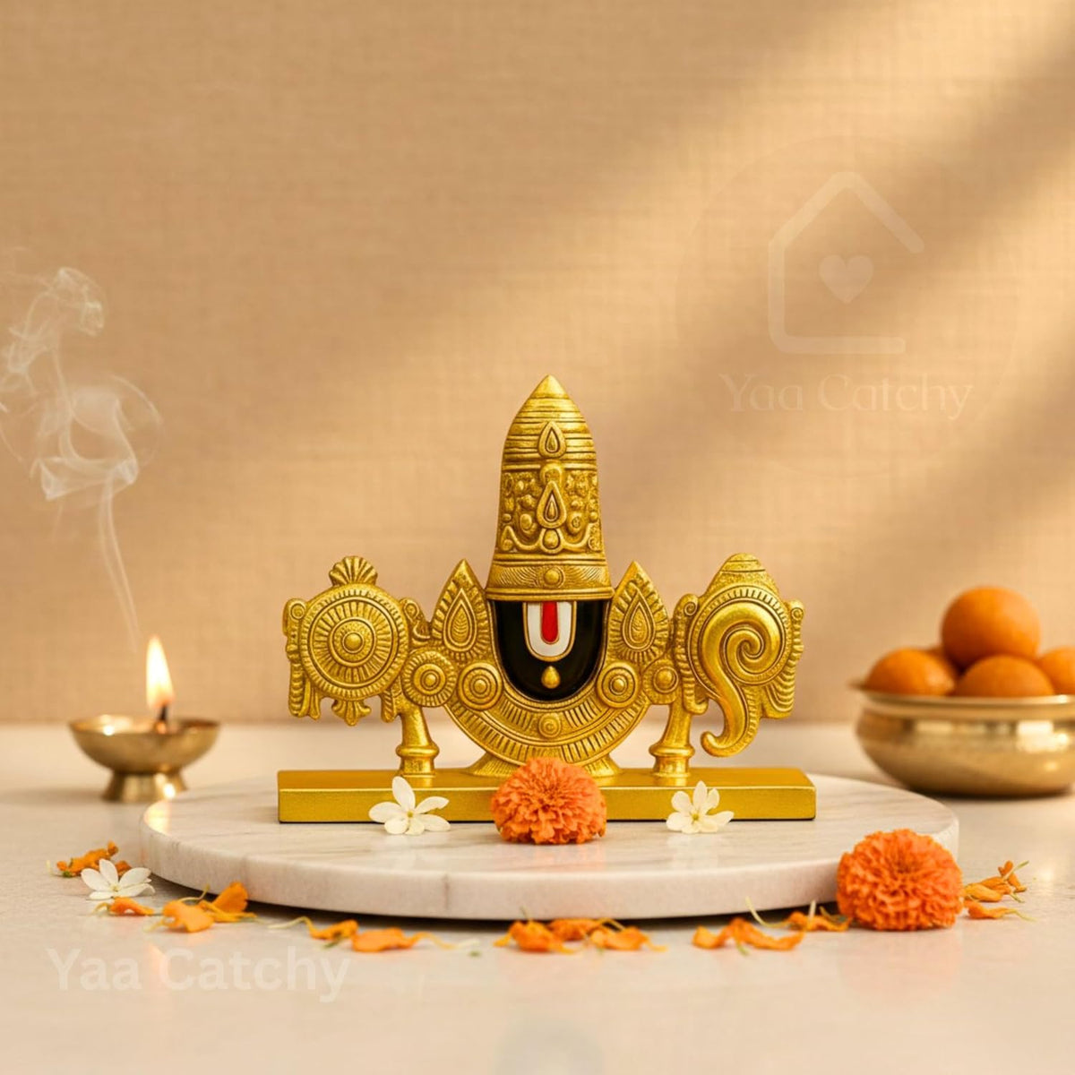 YaaNatural Yaa Catchy Lord Balaji Double-Sided Idol for Car Dashboard & Home Decor Gold Finish Venkateswara Face Statue | Spiritual Gift, Pooja & Office Idol (Balaji Double Side Gold)