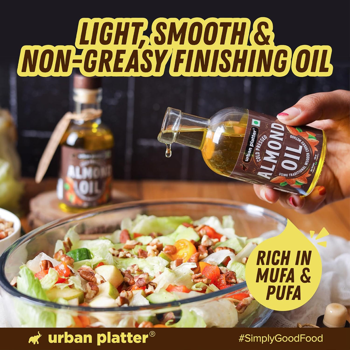 Urban Platter Cold Pressed Almond Oil, 100ml (Light Nutty Finishing Oil for Salads, Drizzling, Gourmet Baking & Natural Hair/Skin Nourishment)