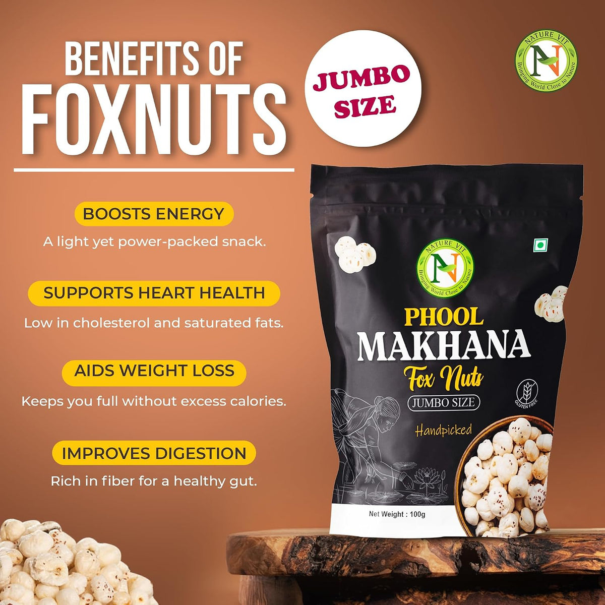 NatureVit Phool Makhana 250g [Jumbo-Size] | Hand Picked | Big Lotus Seeds | Gluten-Free | Low-Fat Snack