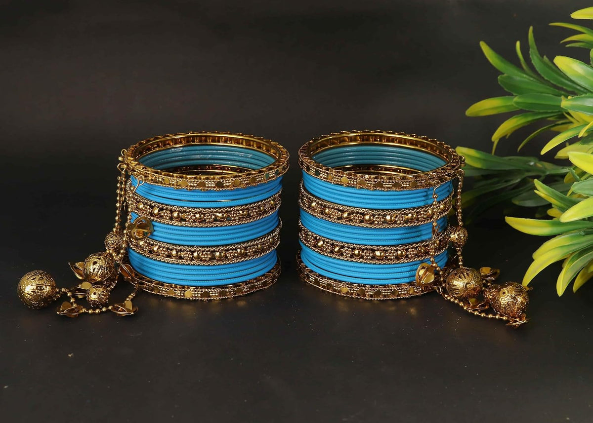 NMII Designer Bridal Chuda Set With Latkan | Gold Plated Traditional Metal Bangles with Decorative Latkan | Wedding, Karwa Chauth, Teej, Mehendi, Haldi Chuda (Pack Of 40)