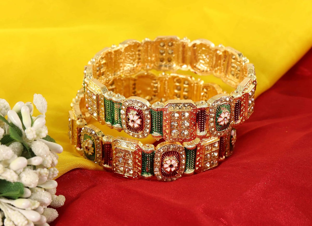 NMII Royal Golden Metal Bangles Set For Women & Girls with Zircon Diamond Stone | Traditional Gold Plated Kangan Set | Fancy Women's Fashion Jewellery Bangles | Wedding, Party, Festive- Set of 2