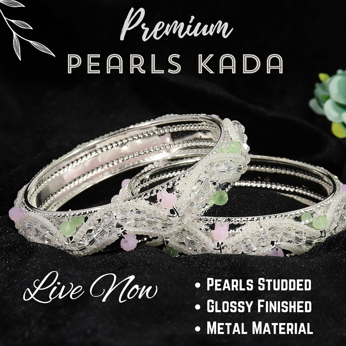 NMII Latest Metal Pearls Moti Bangles Kada Set For Women & Girls | Stylish Girl's Bangles Bracelet | Metal Bangles | Kada For Women | Bangles For Wedding, Party, Festive, Occasion Wear- Set of 2 Kada