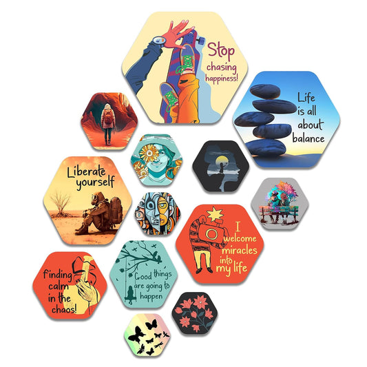 Artvibes Life Is All About Balance Hexagon Shape MDF Wooden Wall Decor Items | Quotes Decor Item | Wall Poster | Office Decor | Wall Art Print | Inspirational quotes | Gift Items (WPS_209N), Set of 13