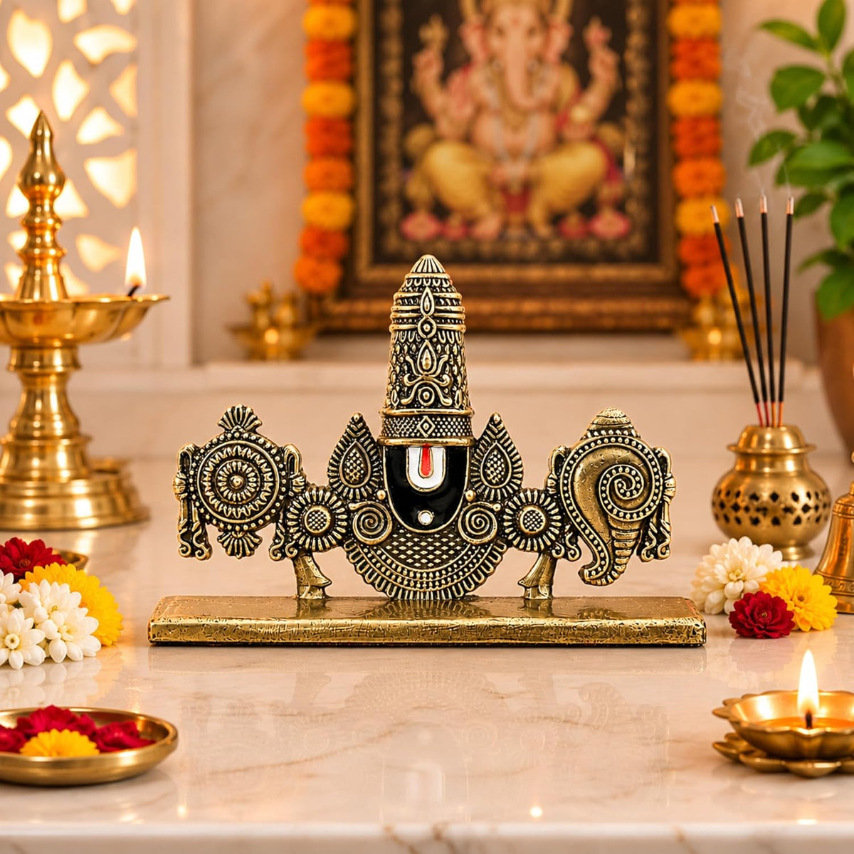 YaaNatural Yaa Catchy Lord Venkateswara Balaji Idol | Double-Sided 360° Design | Premium Antique Gold Resin Tirupati Balaji Murti | Car Dashboard, Home Temple, Office Desk & Pooja Decor | Spiritual Gift