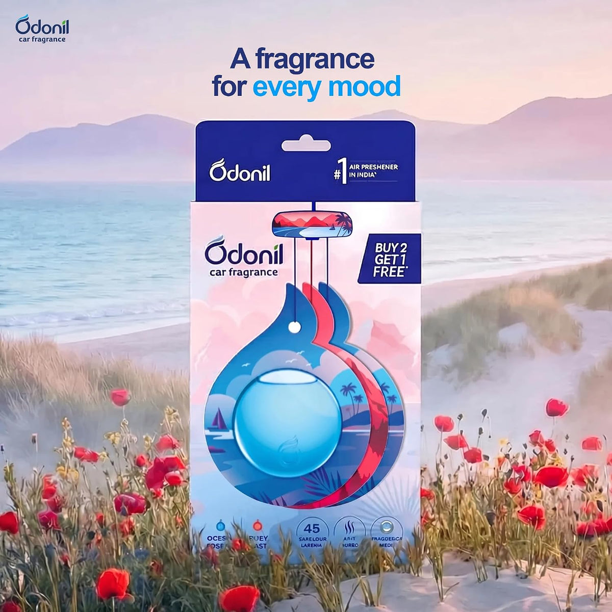 Odonil Car Fragrance 2+1 Mix Perfume - Long Lasting (upto 45 day) Car Air Freshener | Hanging Car Perfume | Fragrance regulator | Suits all cars