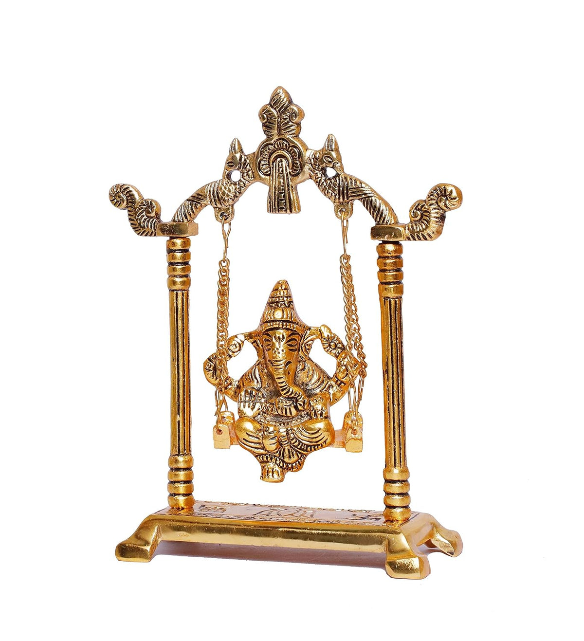 KridayKraft Ganesh Ji Jhula Idol,Ganpati Idol On Swing Jhula For Temple Pooja,Ganesh Metal Statue Home,Office & Table, Gold
