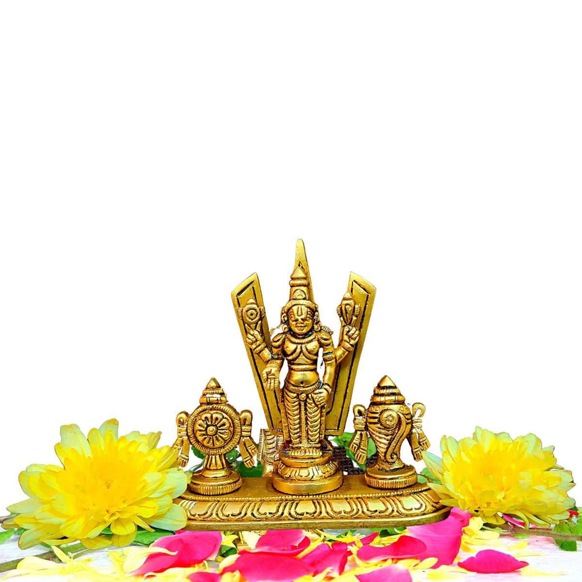 Aalayam Selveer Brass Shankh Chakra Stand with Perumal Idol Small | Small Sangu Chakram Stand with Tirupati Balaji Idol Brass 9cm Height Gold Colour 1 Piece