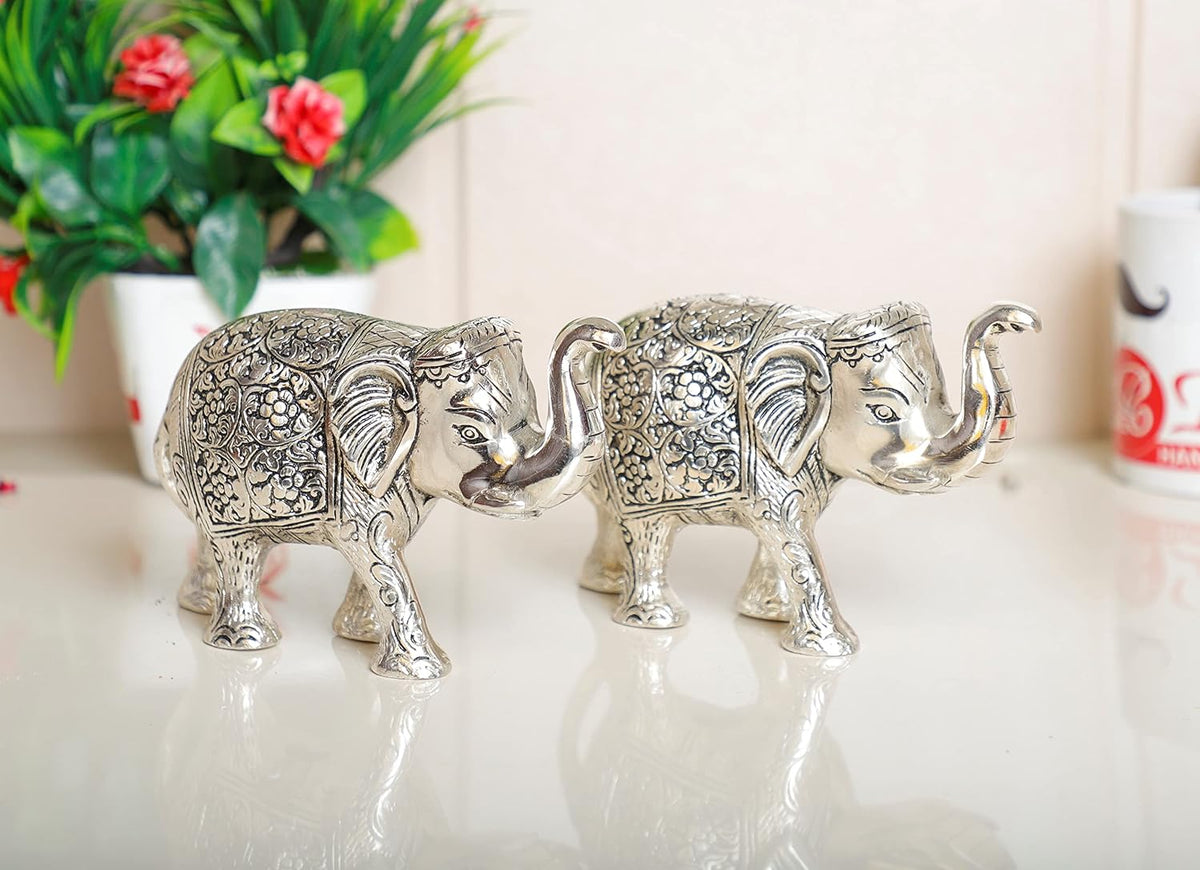 KridayKraft Elephant showpiece Figurine Small Size Statue Silver Polish 2 pcs Set for Enhance Your Home,Office Table Decorative & Gift Article,Animal Showpiece Figurines...