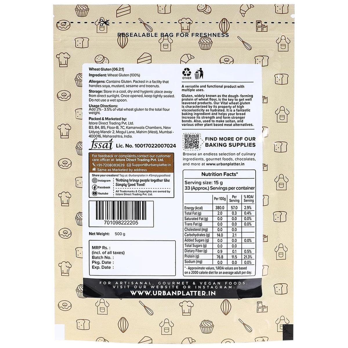 Urban Platter Vital Wheat Gluten, 500g (High-Protein Baking Essential | Key Ingredient for Seitan | Adds Elasticity & Structure | Ideal for Breads)