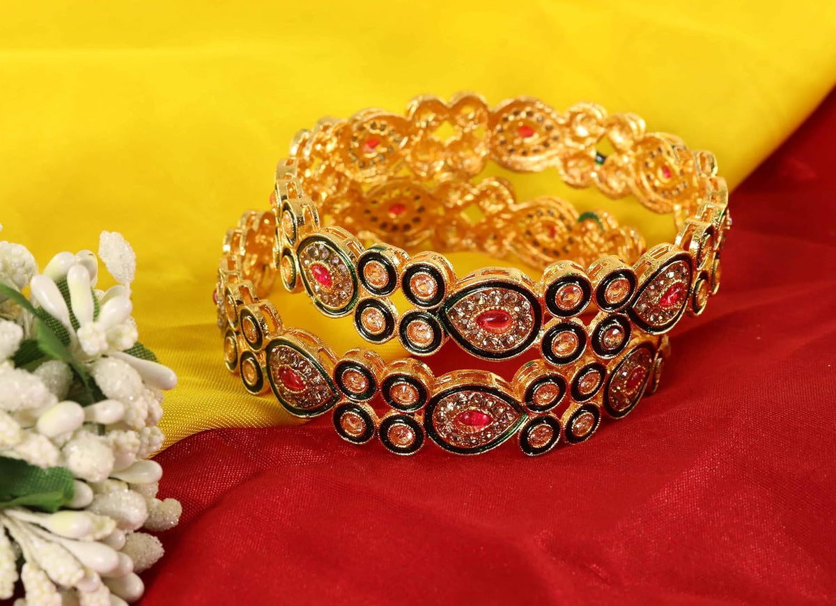 NMII Premium Gold Plated Alloy Kada Set With Multi Kundan Stone & Meenakari Peacock Design | Women & Girls Bangles | Traditional Alloy Bangles | Rajwadi, Wedding, Festival & Bridal - Pack Of 2 Kada