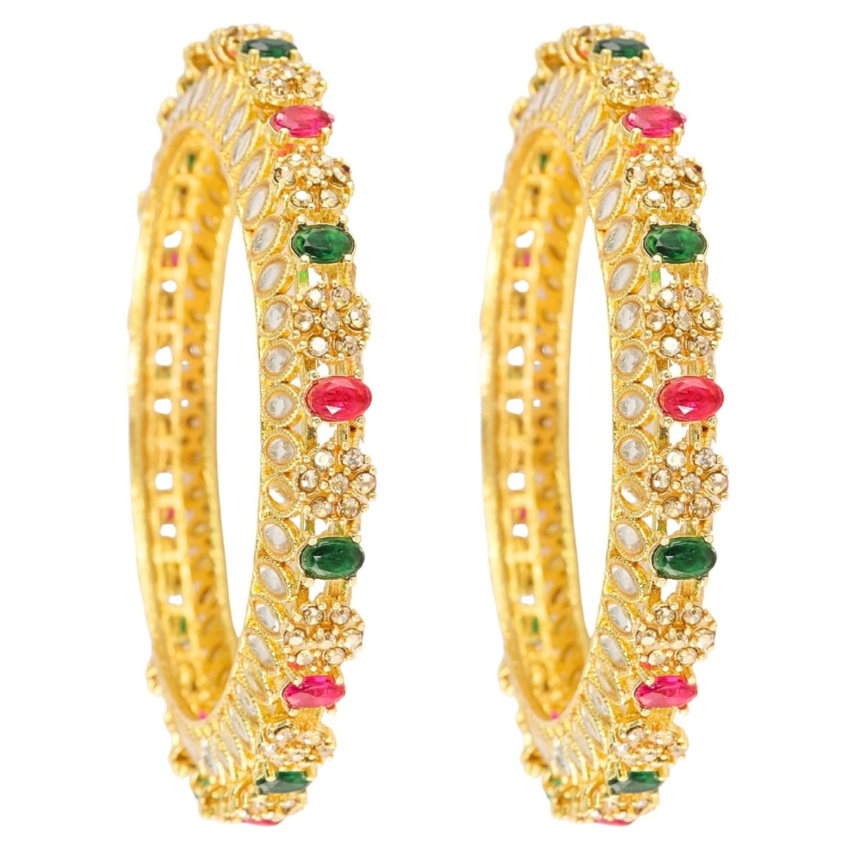 NMII Traditional Gold Plated Metal with Red Zircon GemStone Bangles Set For Girls & Women | Premium Rajwadi Kangan Set | Girl's Bangles Bracelet | Stylish Kada For Women