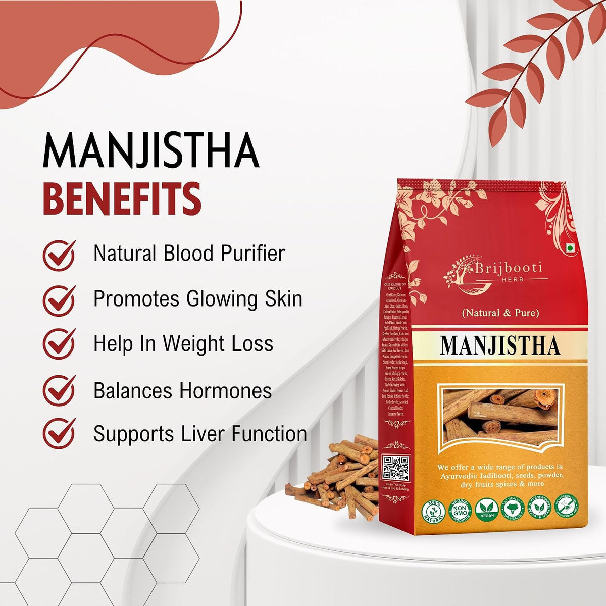 Brijbooti Organic Manjistha (100 gm) | Rubia Cordifolia | Manjishtha Root | Manjishta | Manjishta | Manjista
