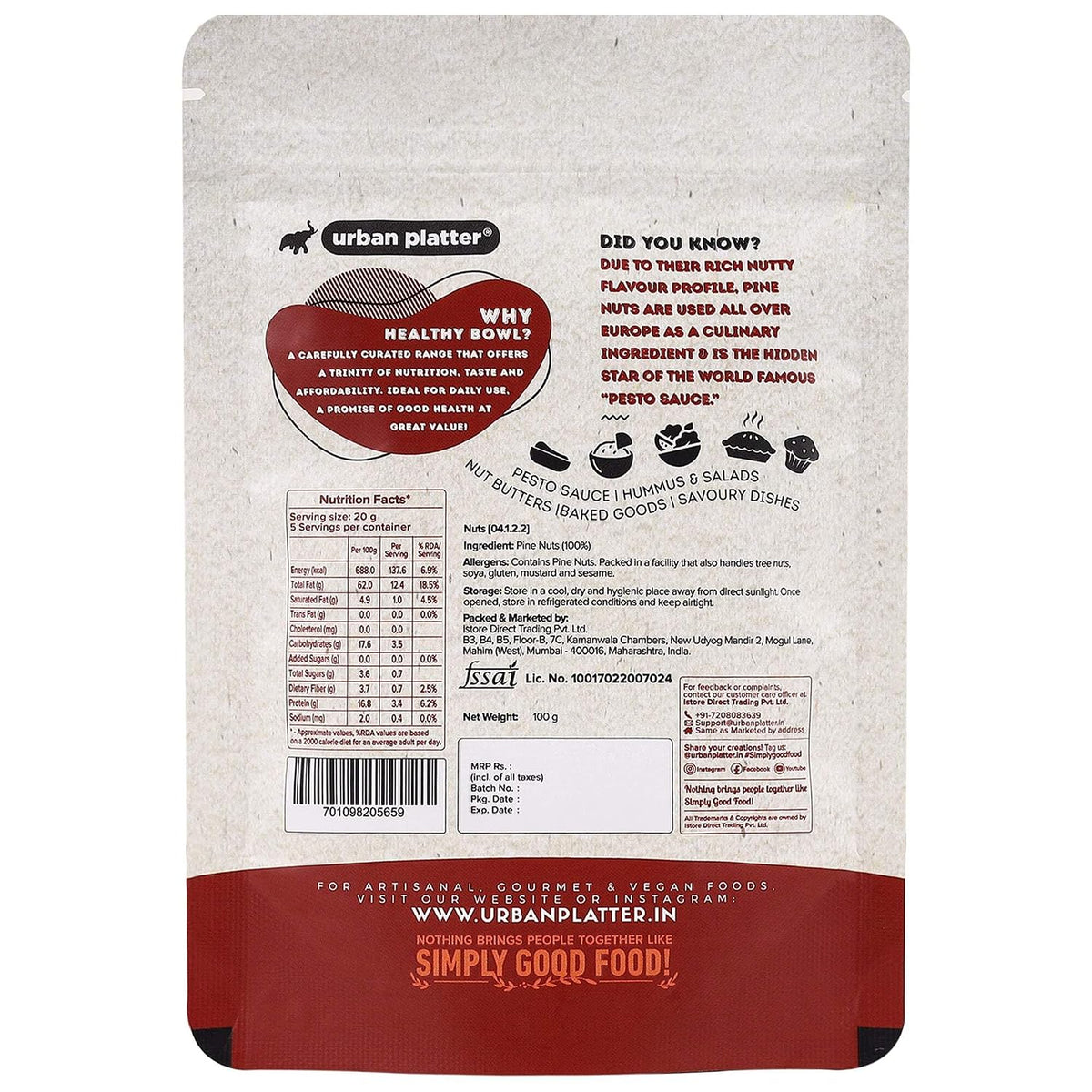 Urban Platter Exotic Pine Nuts, 100g (Chilgoza Giri | Rich in Protein | Elevates Pesto, Hummus, Salads)