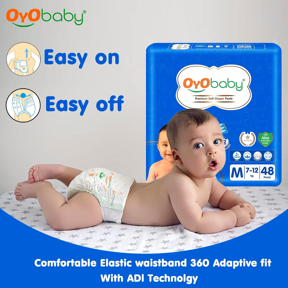 OYO BABY Diapers | Long Lasting Dry Night & Comfortable Sleep Style Diaper Pants, Size 9-14 kg baby 48 Count (Pack of 1), & OYO BABY Soft Cleaning with Aloe Vera Baby Wipes Lids 72 Counts (Combo Pack)